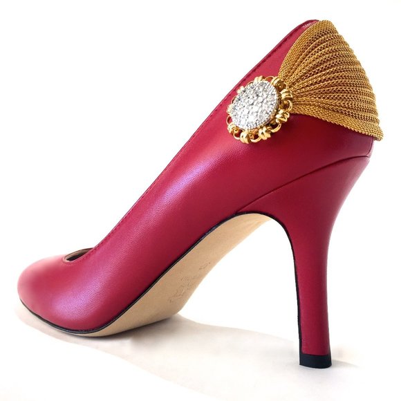 DelBrenna Jewelry Italian Leather Red Pumps w/ Swarovski size 37/ US  6.5  6 1/2 - Picture 1 of 16
